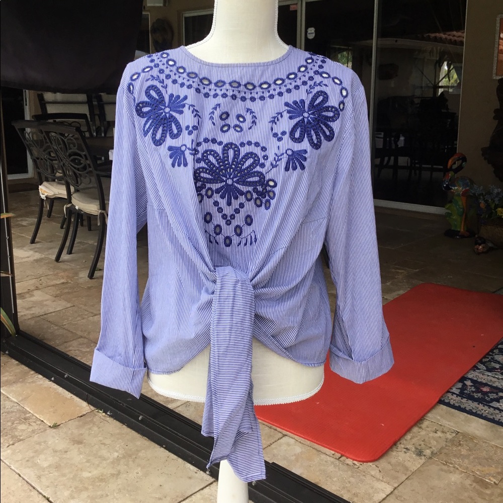 Custom Blue Striped Top w Floral Embroidery